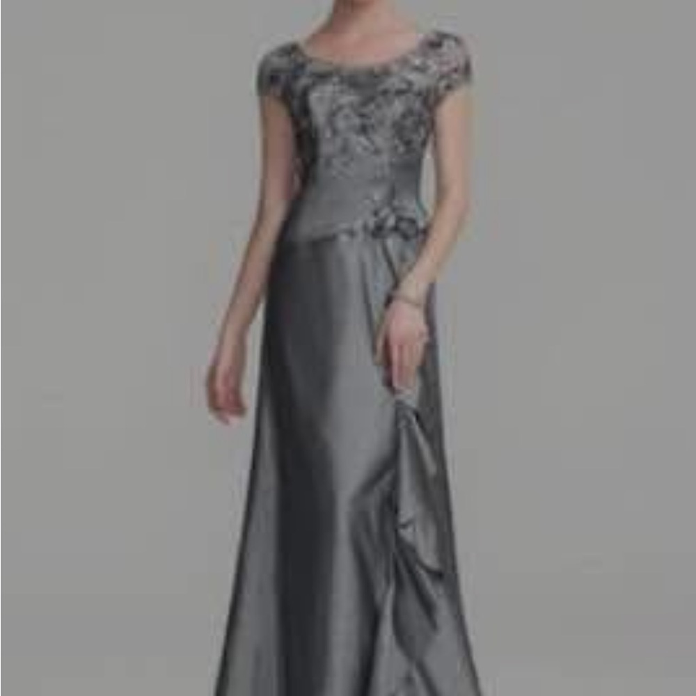Cap-Sleeve Grey Embroidered Maxi Dress